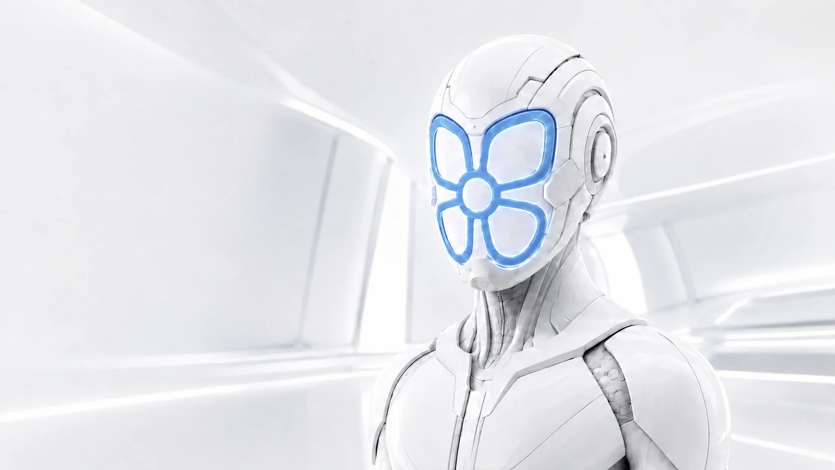 Personaje futurista de MopaXpress en un espacio blanco y luminoso